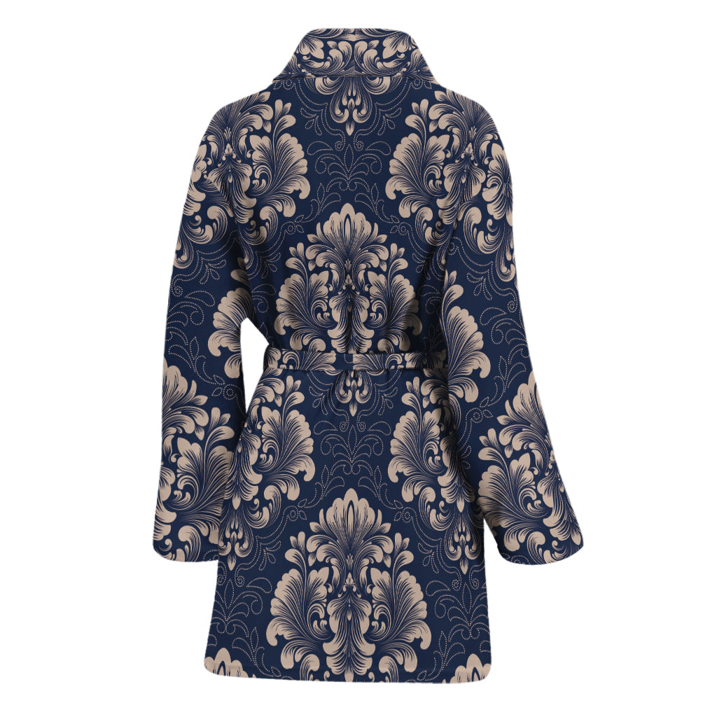 Blue And Brown Damask Pattern Print Women's Bathrobe