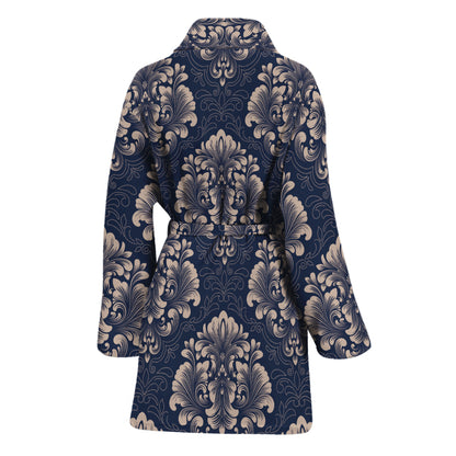 Blue And Brown Damask Pattern Print Women's Bathrobe