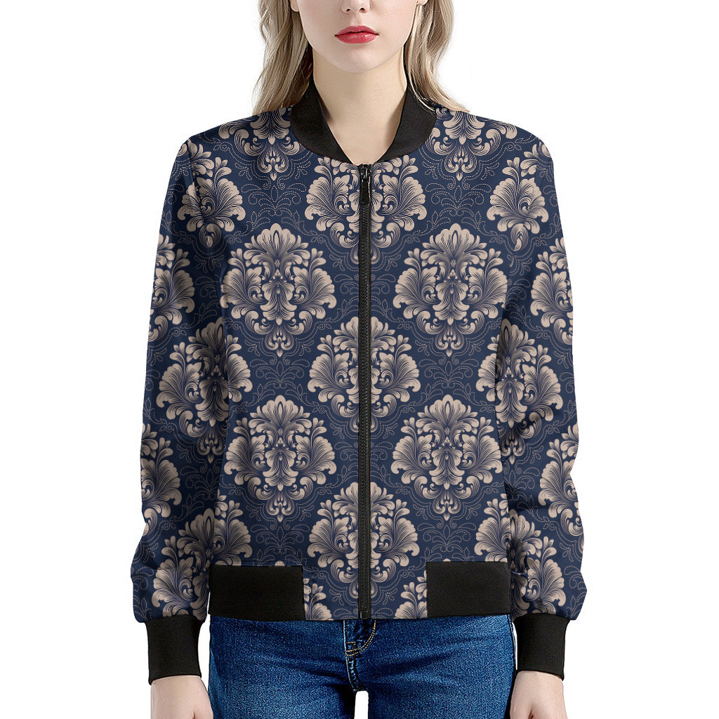 Blue And Brown Damask Pattern Print Women's Bomber Jacket