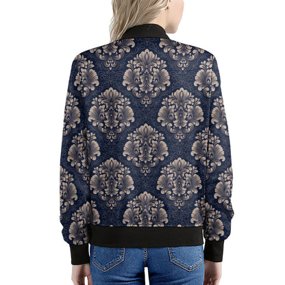 Blue And Brown Damask Pattern Print Women's Bomber Jacket