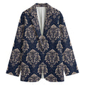 Blue And Brown Damask Pattern Print Women's Cotton Blazer