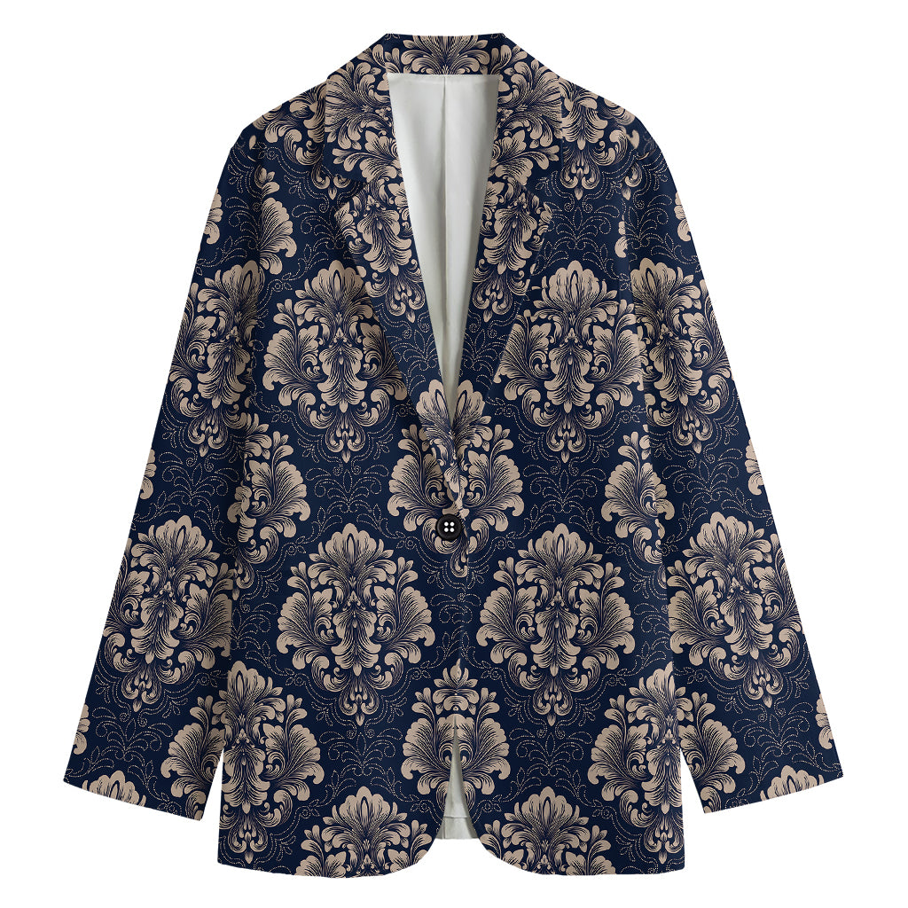 Blue And Brown Damask Pattern Print Women's Cotton Blazer