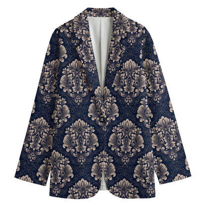 Blue And Brown Damask Pattern Print Women's Cotton Blazer