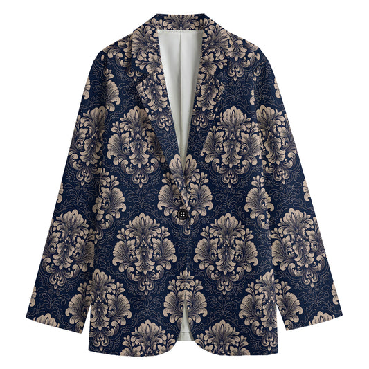 Blue And Brown Damask Pattern Print Women's Cotton Blazer