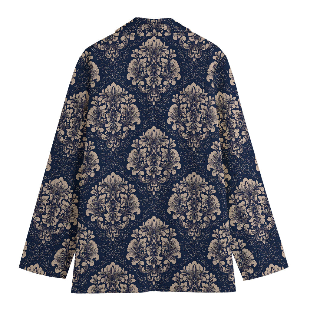 Blue And Brown Damask Pattern Print Women's Cotton Blazer