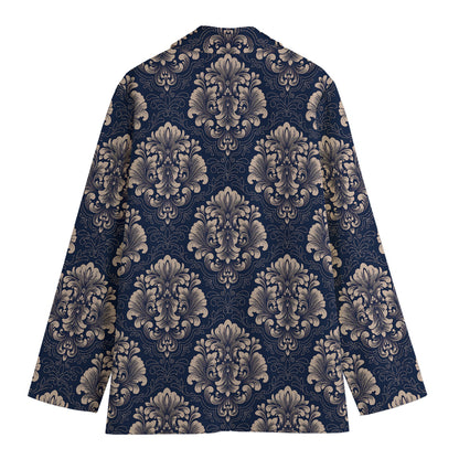Blue And Brown Damask Pattern Print Women's Cotton Blazer