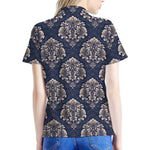 Blue And Brown Damask Pattern Print Women's Polo Shirt