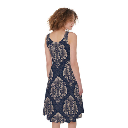 Blue And Brown Damask Pattern Print Women's Sleeveless Dress