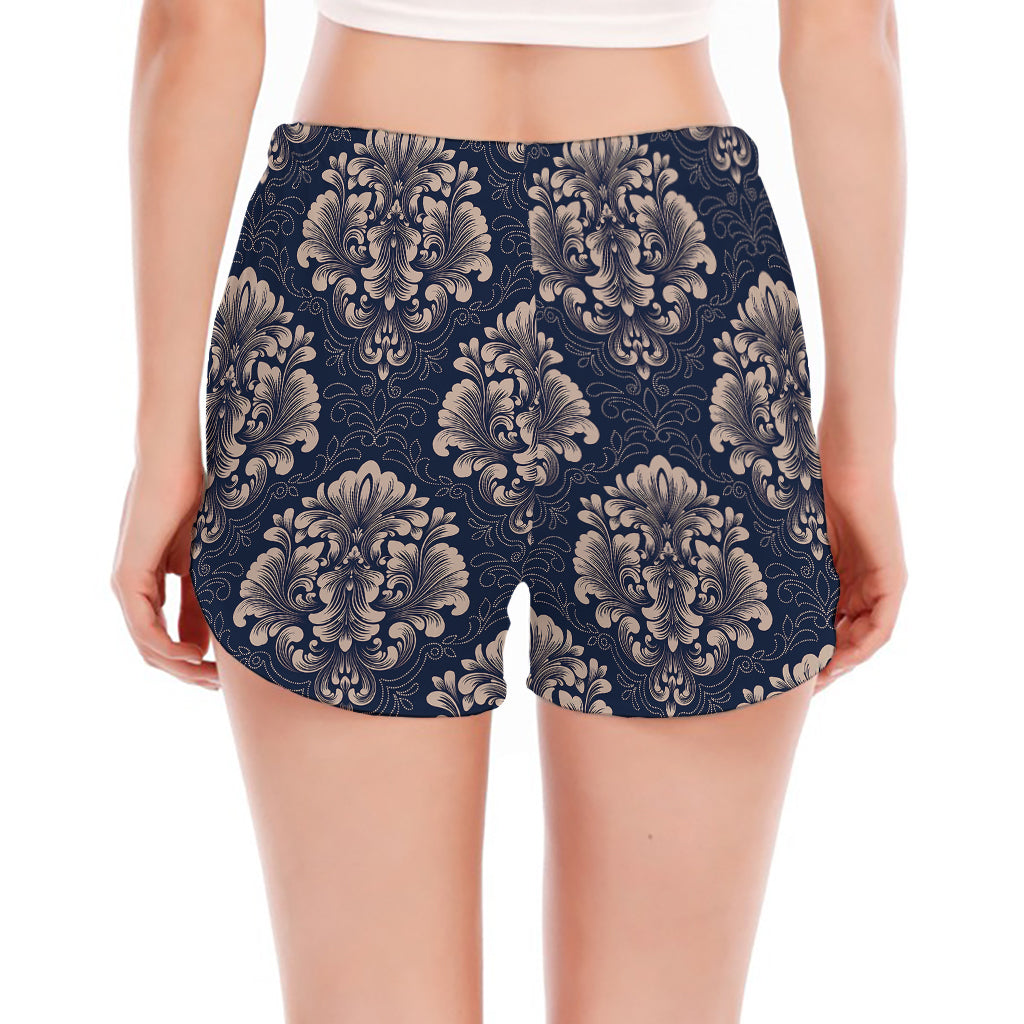 Blue And Brown Damask Pattern Print Women's Split Running Shorts