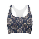 Blue And Brown Damask Pattern Print Women's Sports Bra