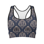 Blue And Brown Damask Pattern Print Women's Sports Bra
