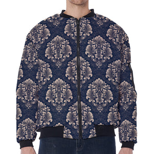 Blue And Brown Damask Pattern Print Zip Sleeve Bomber Jacket
