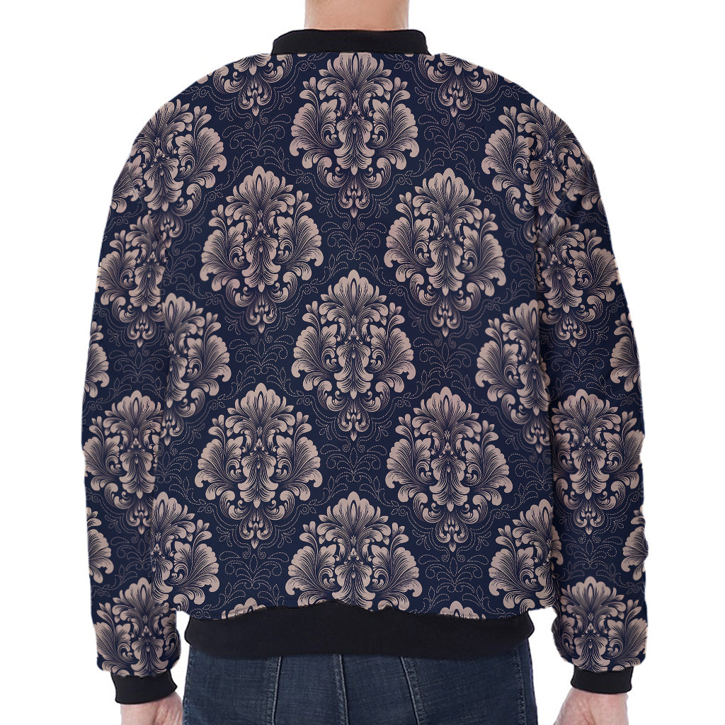 Blue And Brown Damask Pattern Print Zip Sleeve Bomber Jacket