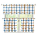 Blue And Brown Tattersall Pattern Print 3 Piece Kitchen Curtains