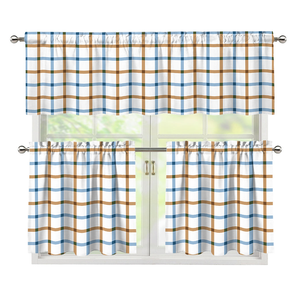Blue And Brown Tattersall Pattern Print 3 Piece Kitchen Curtains