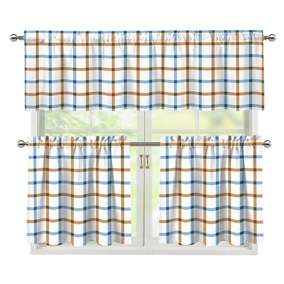 Blue And Brown Tattersall Pattern Print 3 Piece Kitchen Curtains