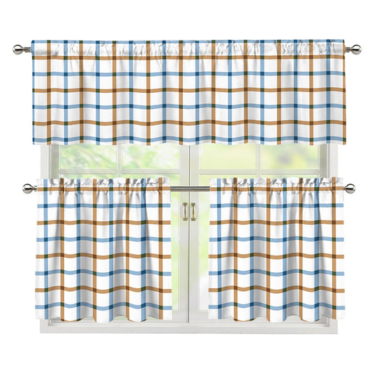 Blue And Brown Tattersall Pattern Print 3 Piece Kitchen Curtains
