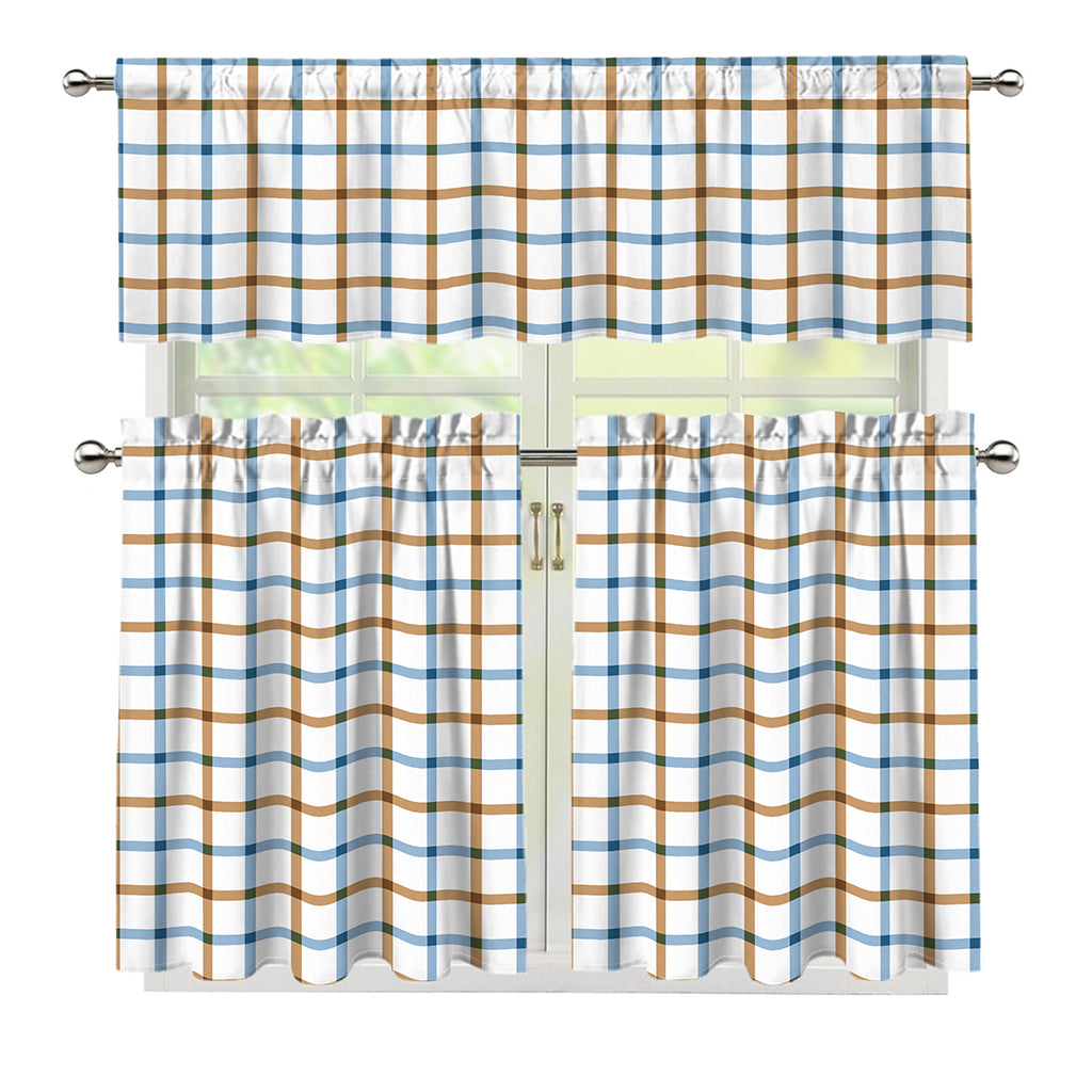 Blue And Brown Tattersall Pattern Print 3 Piece Kitchen Curtains