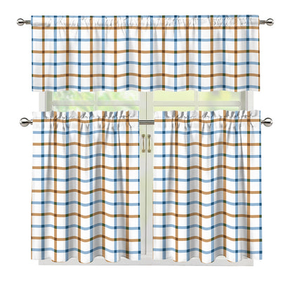 Blue And Brown Tattersall Pattern Print 3 Piece Kitchen Curtains