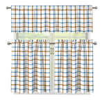 Blue And Brown Tattersall Pattern Print 3 Piece Kitchen Curtains