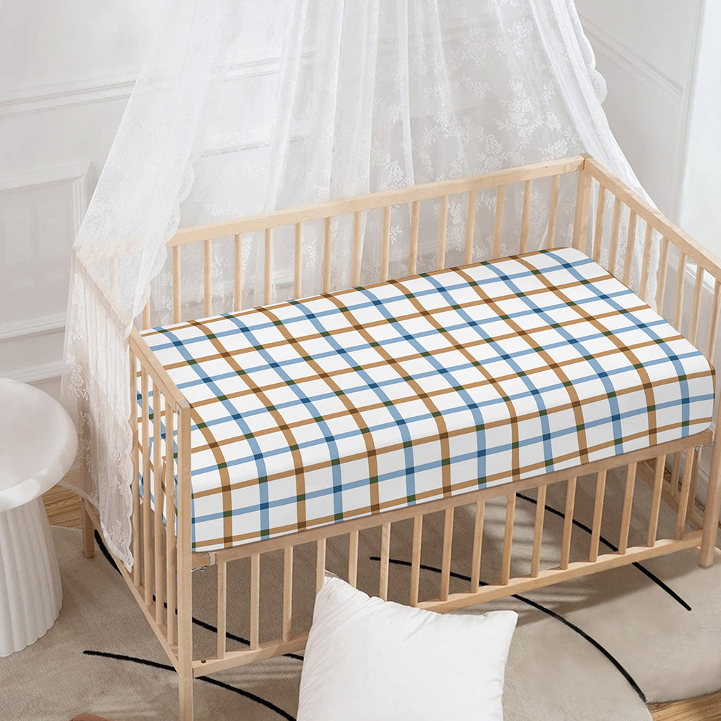 Blue And Brown Tattersall Pattern Print Baby Crib Sheet