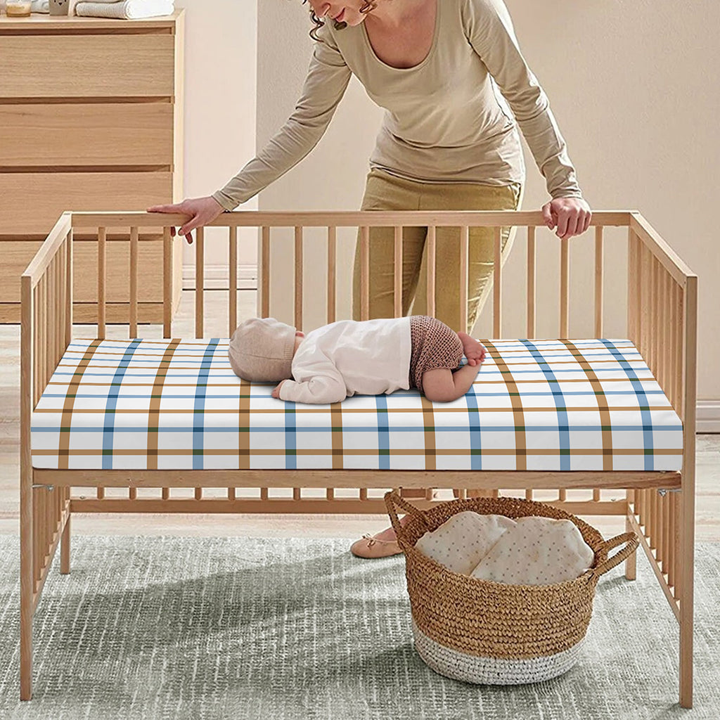 Blue And Brown Tattersall Pattern Print Baby Crib Sheet