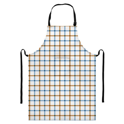 Blue And Brown Tattersall Pattern Print Bib Apron With Pocket
