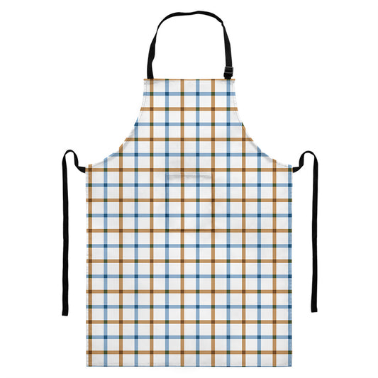 Blue And Brown Tattersall Pattern Print Bib Apron With Pocket