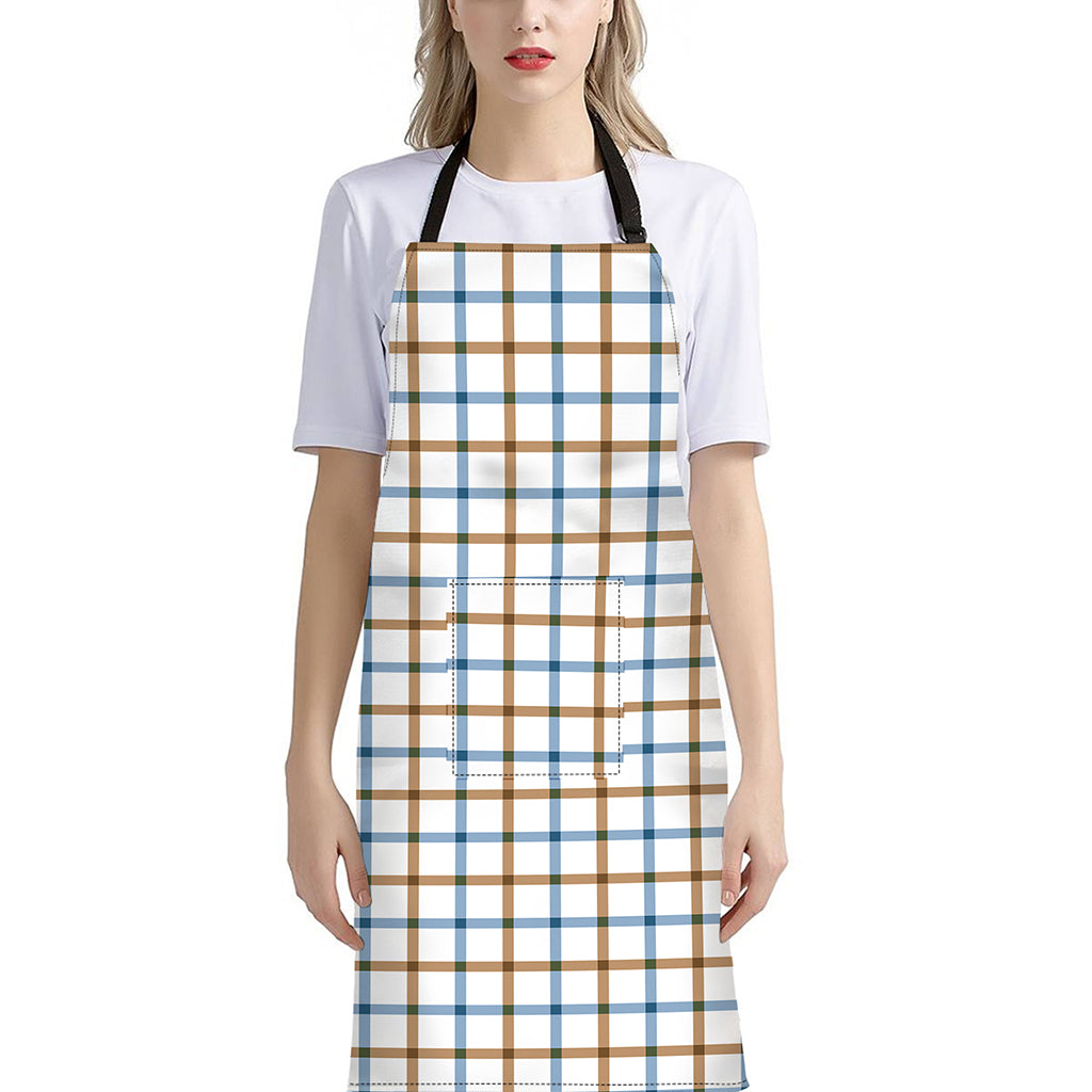 Blue And Brown Tattersall Pattern Print Bib Apron With Pocket