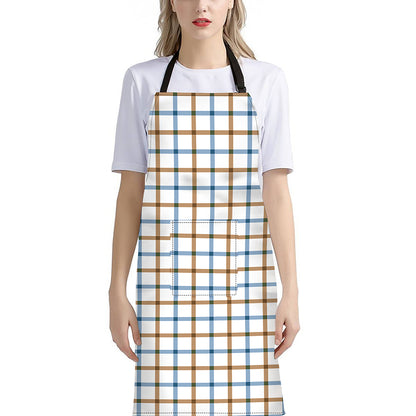 Blue And Brown Tattersall Pattern Print Bib Apron With Pocket