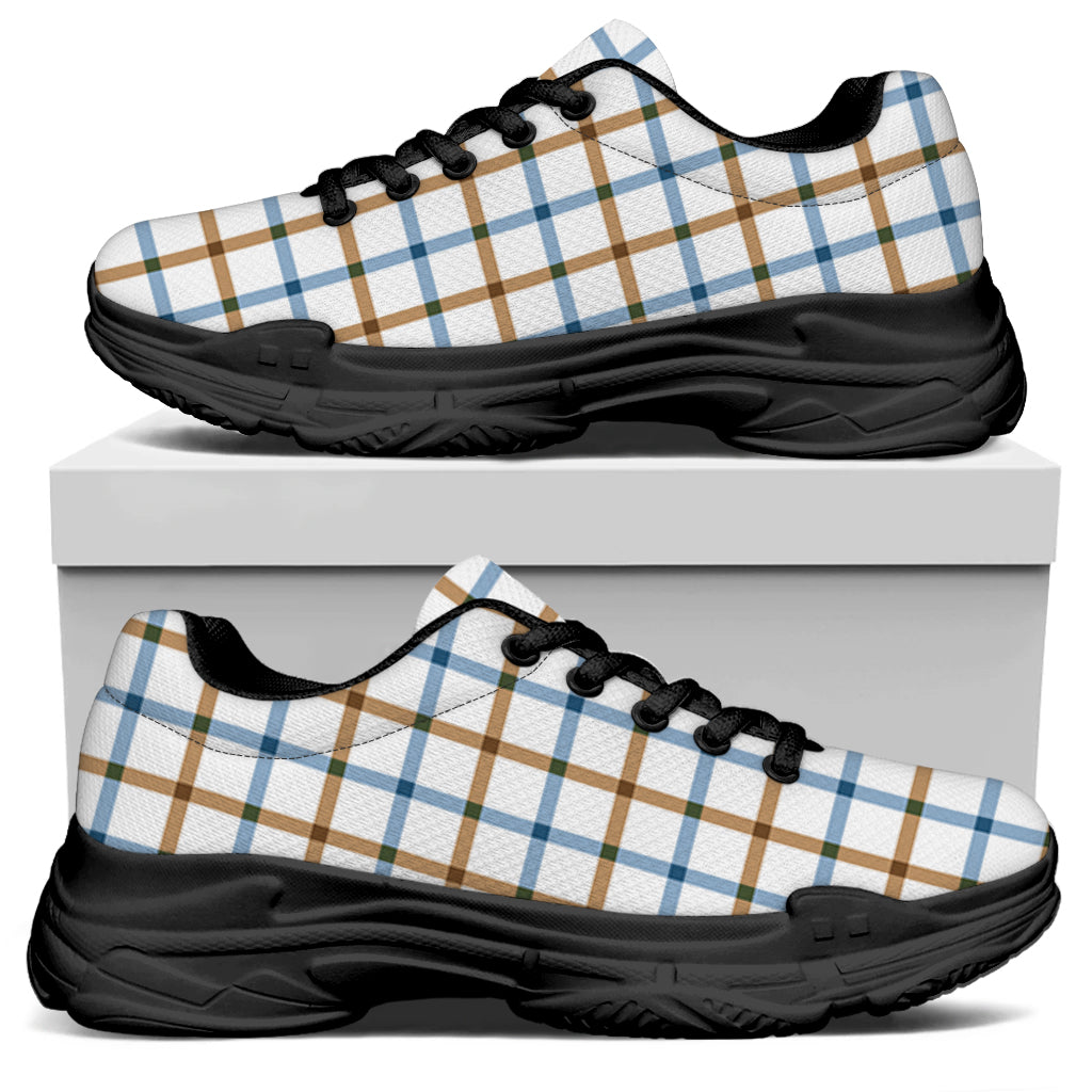 Blue And Brown Tattersall Pattern Print Black Chunky Shoes
