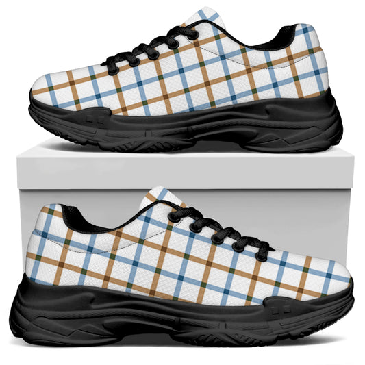 Blue And Brown Tattersall Pattern Print Black Chunky Shoes