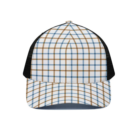 Blue And Brown Tattersall Pattern Print Black Mesh Trucker Cap