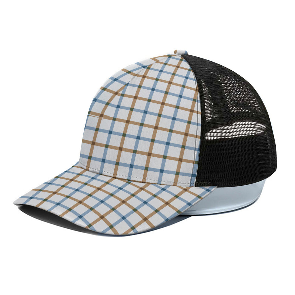 Blue And Brown Tattersall Pattern Print Black Mesh Trucker Cap