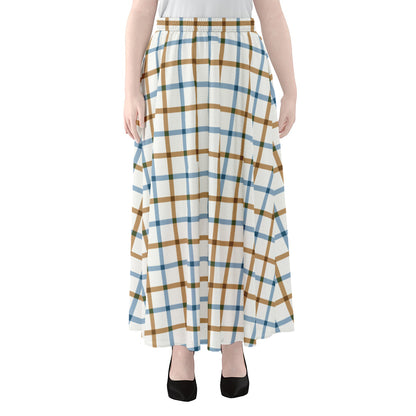 Blue And Brown Tattersall Pattern Print Chiffon Maxi Skirt