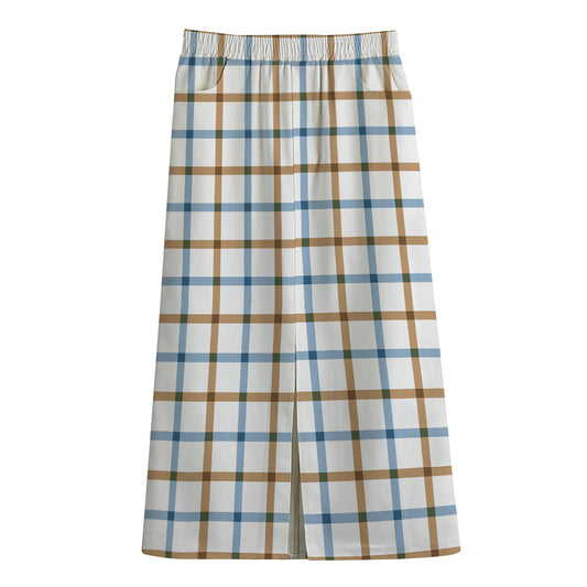 Blue And Brown Tattersall Pattern Print Cotton Front Slit Maxi Skirt