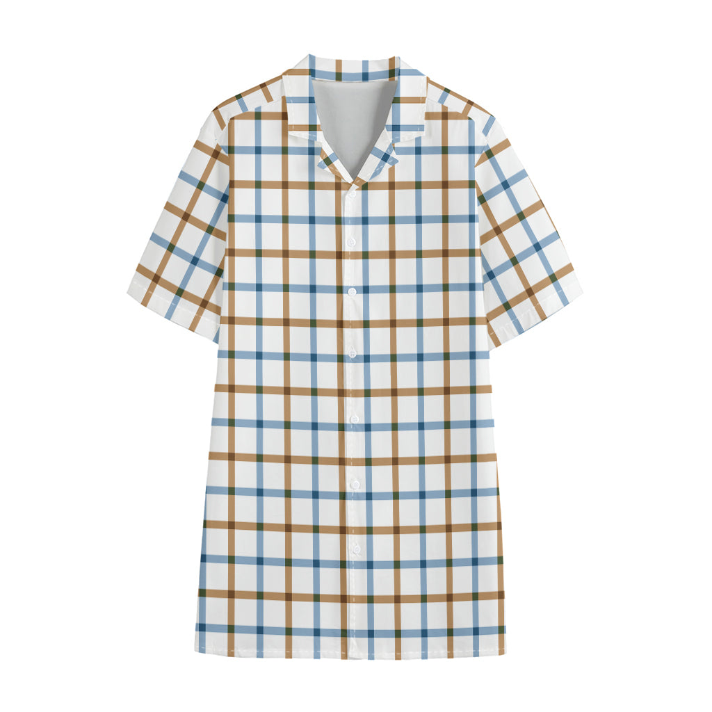 Blue And Brown Tattersall Pattern Print Cotton Hawaiian Shirt