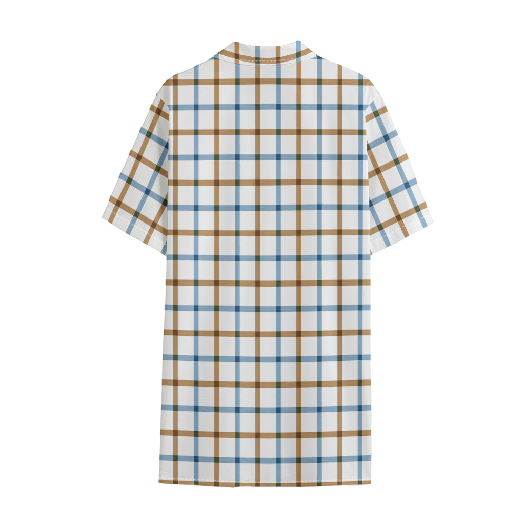 Blue And Brown Tattersall Pattern Print Cotton Hawaiian Shirt
