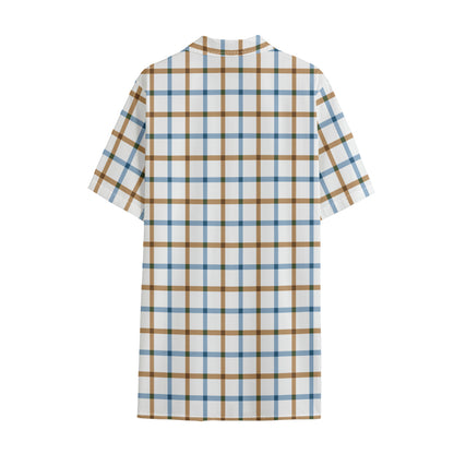 Blue And Brown Tattersall Pattern Print Cotton Hawaiian Shirt