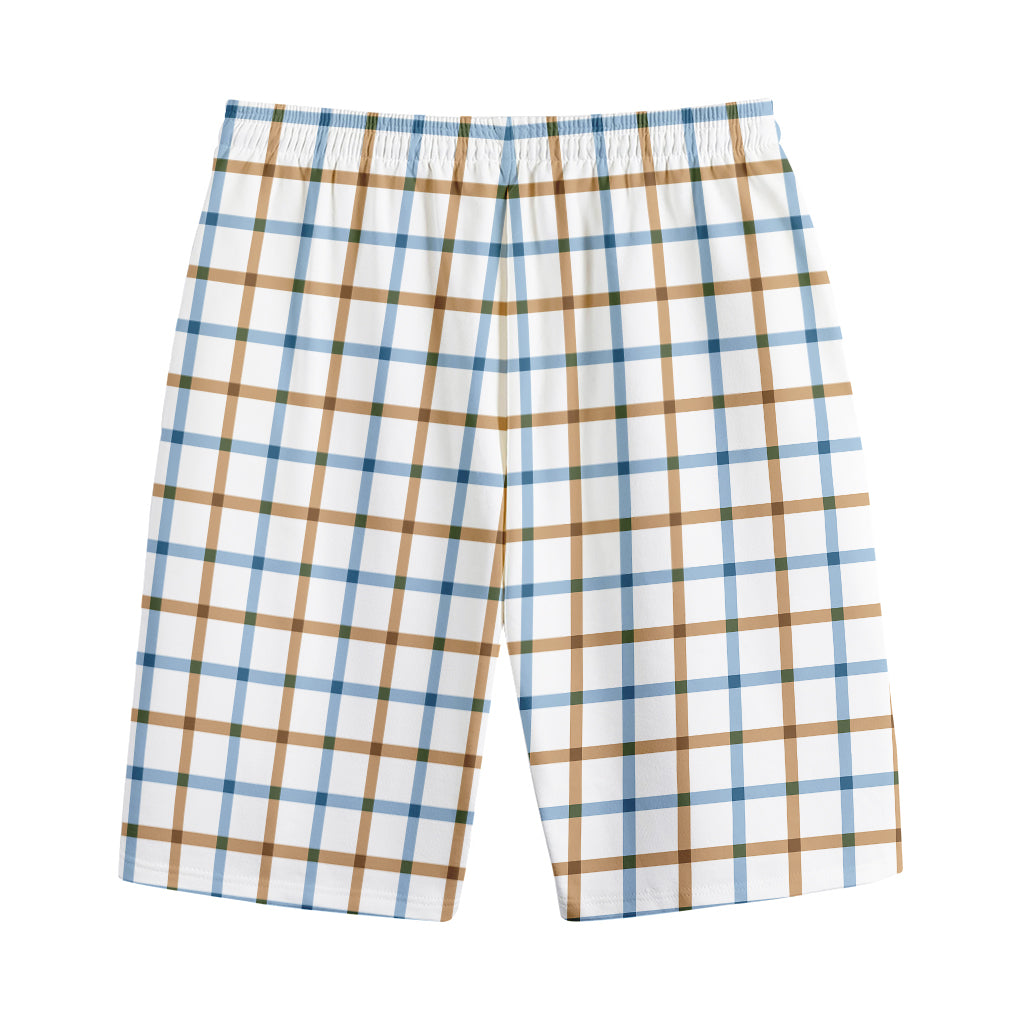 Blue And Brown Tattersall Pattern Print Cotton Shorts