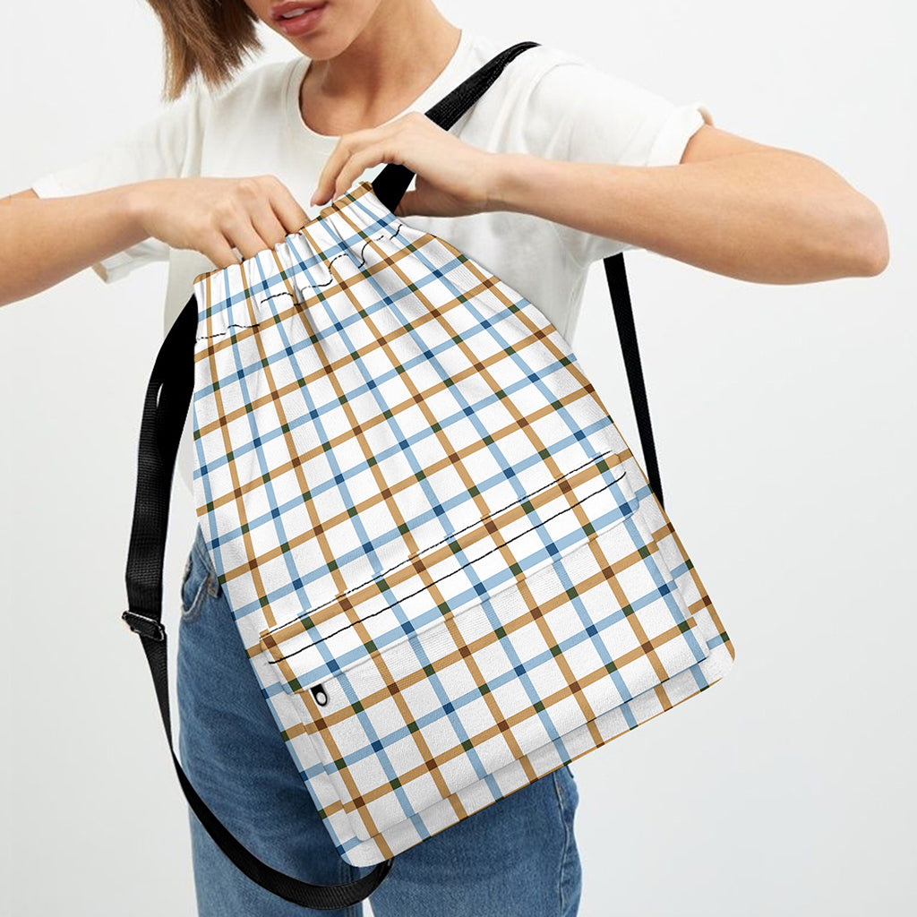 Blue And Brown Tattersall Pattern Print Drawstring Backpack