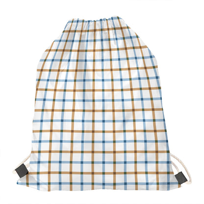 Blue And Brown Tattersall Pattern Print Drawstring Bag