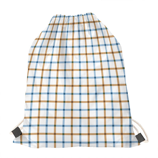 Blue And Brown Tattersall Pattern Print Drawstring Bag