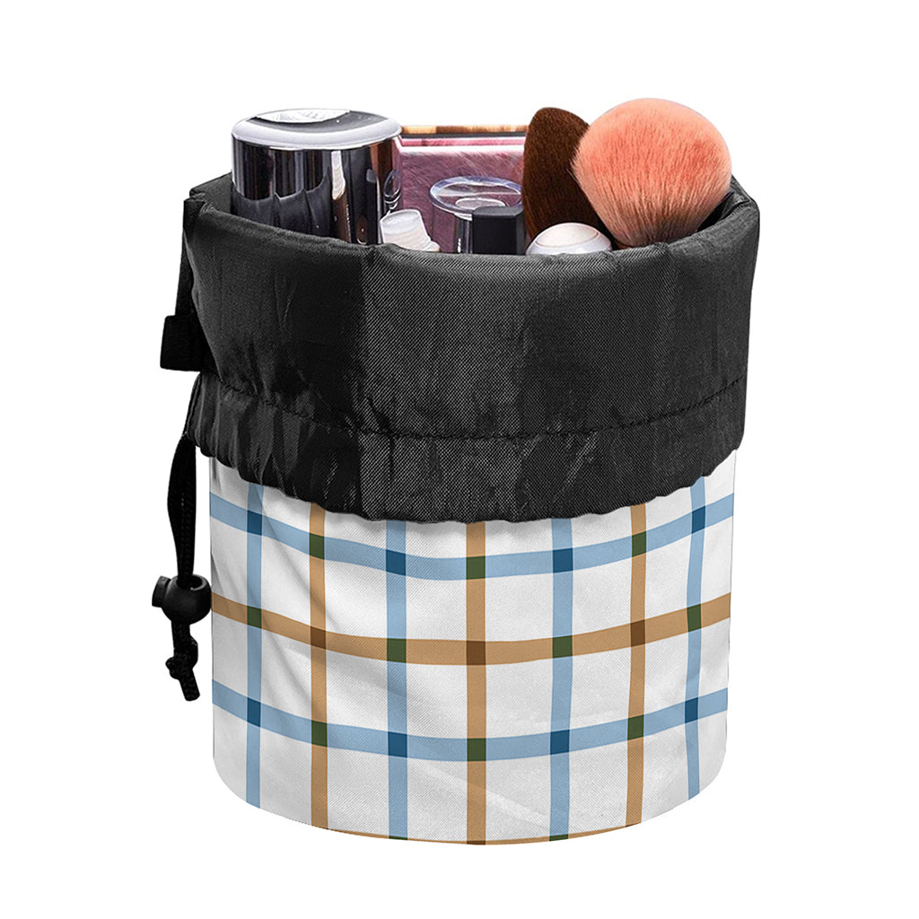 Blue And Brown Tattersall Pattern Print Drawstring Makeup Bag