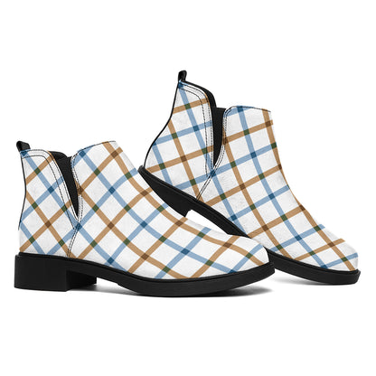 Blue And Brown Tattersall Pattern Print Flat Ankle Boots