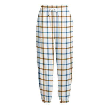 Blue And Brown Tattersall Pattern Print Fleece Lined Knit Pants
