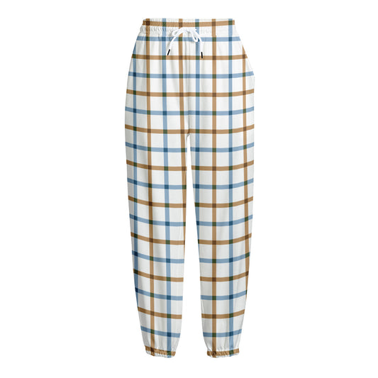 Blue And Brown Tattersall Pattern Print Fleece Lined Knit Pants