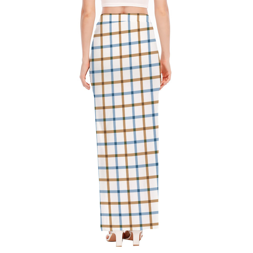 Blue And Brown Tattersall Pattern Print High Slit Maxi Skirt