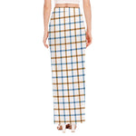 Blue And Brown Tattersall Pattern Print High Slit Maxi Skirt