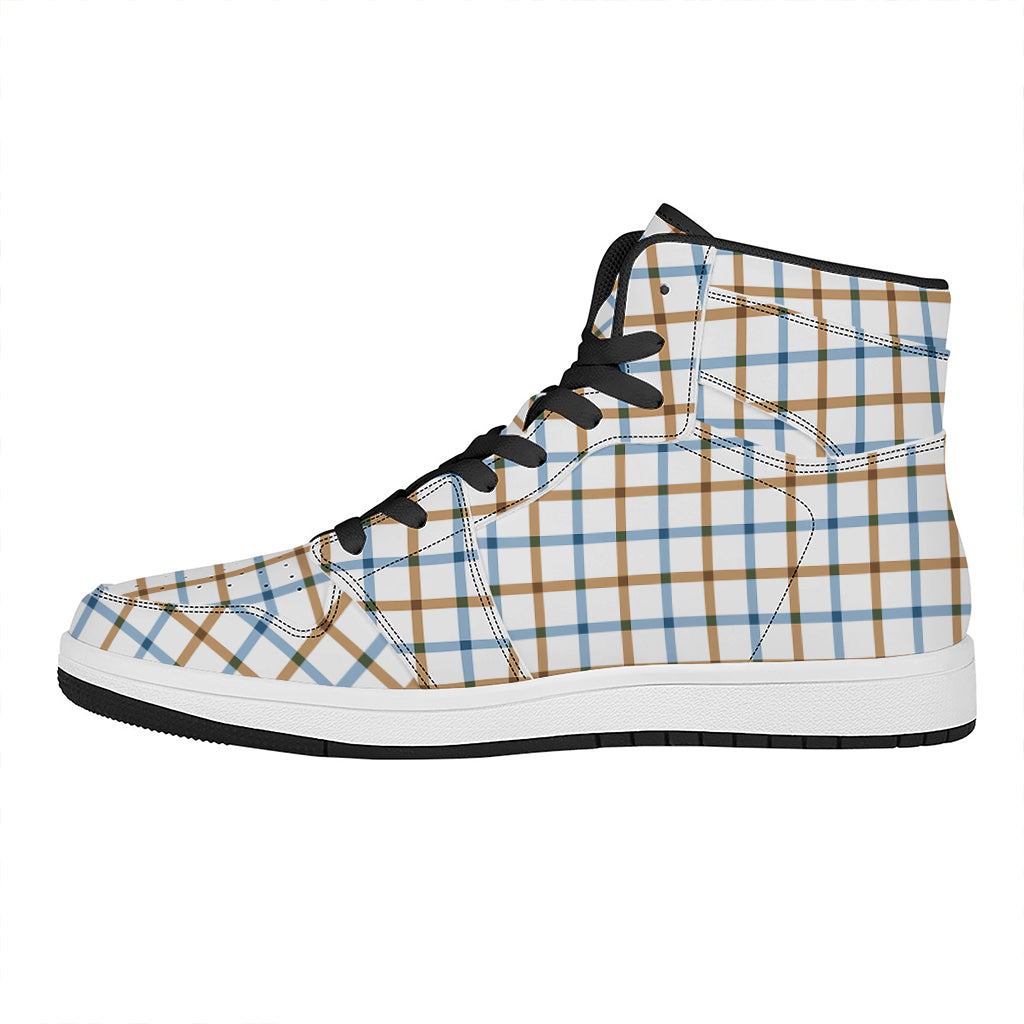 Blue And Brown Tattersall Pattern Print High Top Leather Sneakers